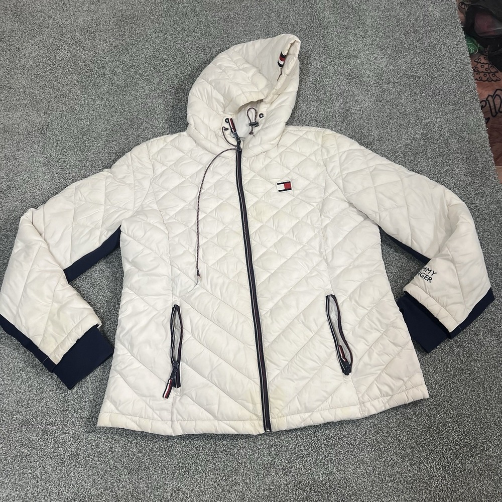 Tommy Hilfiger Mens XL Quilted Hooded Jacket White Full Zip Lightweight Puffer